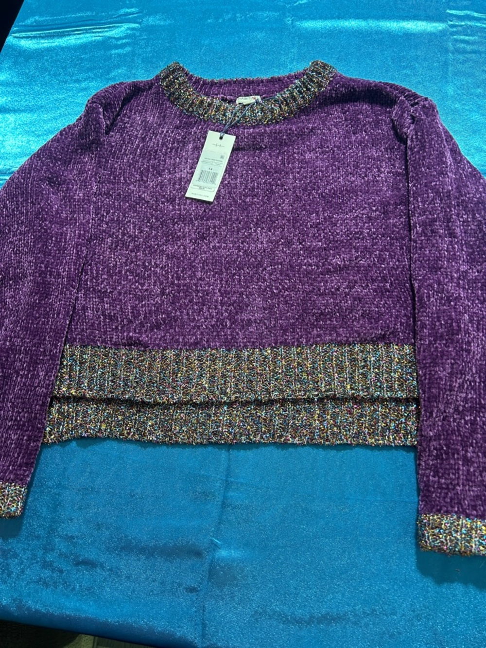 Habitual Purple Chenille Crewneck Sweater with Multicolor Metallic Trim